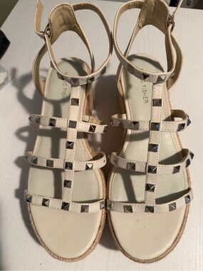 Marc Fisher Cream-White Studded T-Strap Wedge Sandals